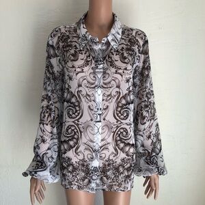 Express Relaxed Portofino Chiffon Sheer Blouse Black/White Floral Women’s XL